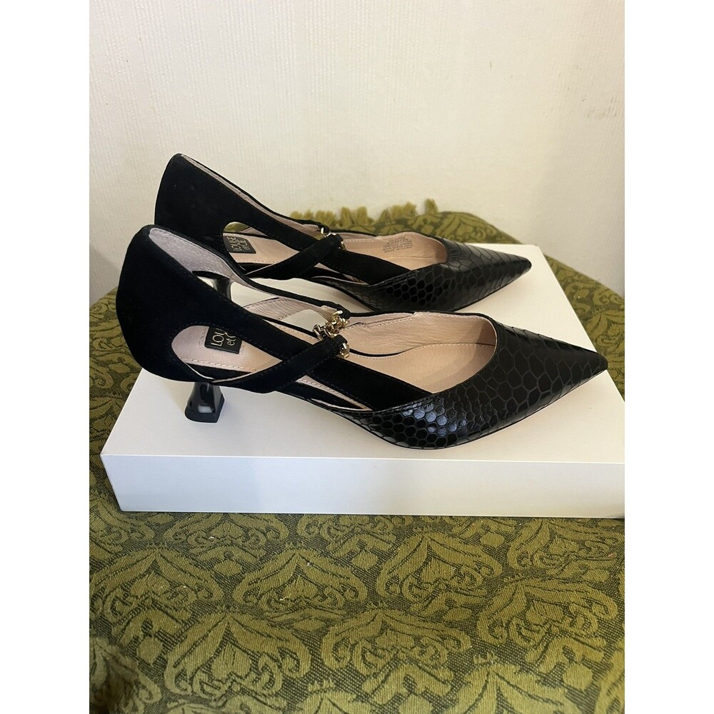 Louise et Cie Lo-Fiana Black Leather & Suede Chain Strap Pumps Heel Size 8.5